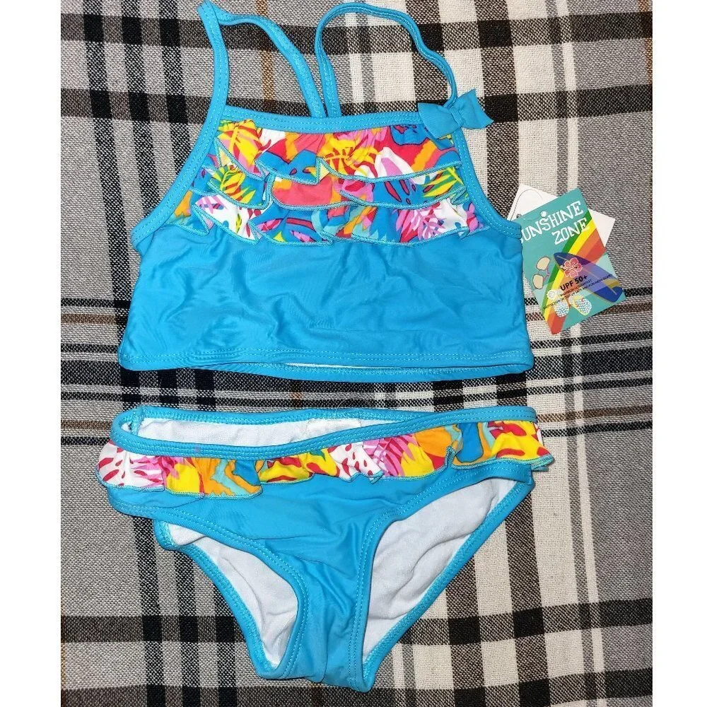 2-Piece Girl Tankini, Sunshine Zone, Neon Blue